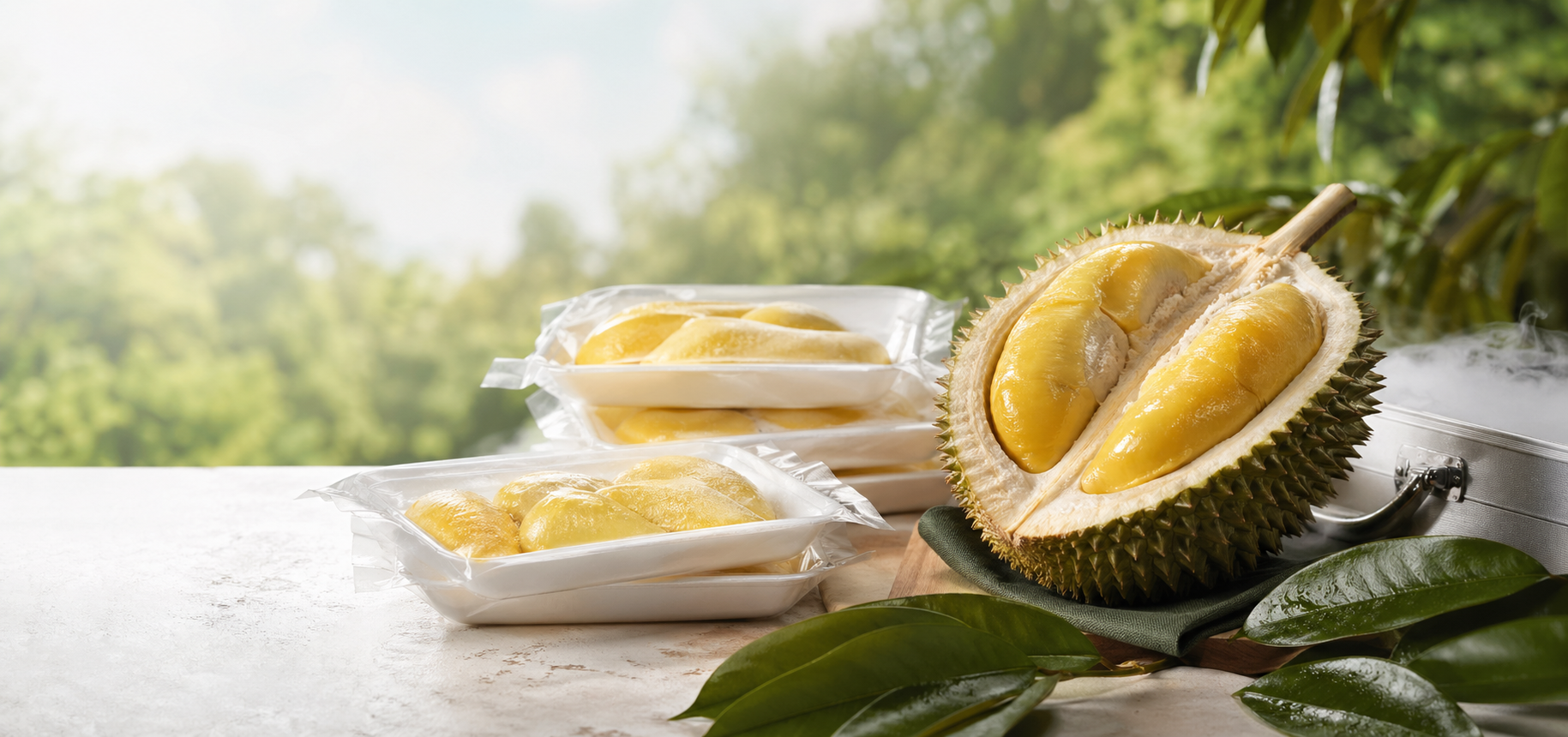 Opened Musang King durian with packed frozen pulp trays